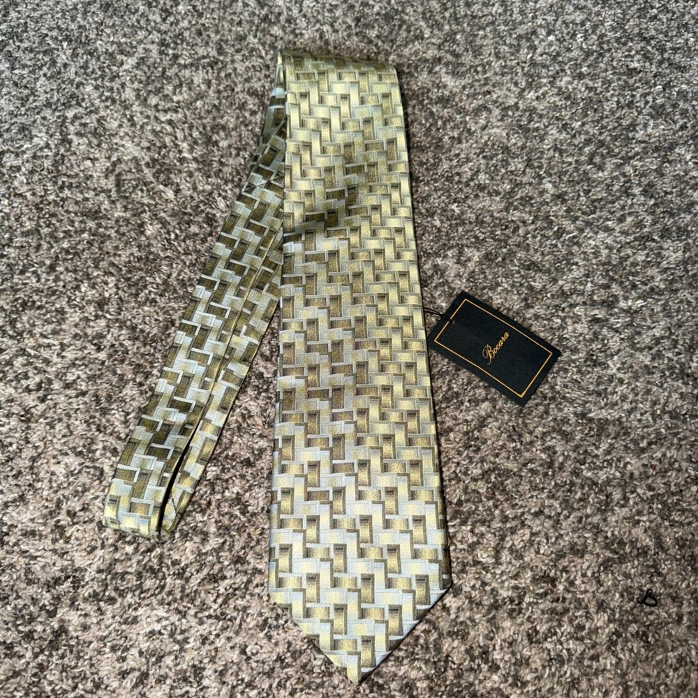 Bocara Silk Necktie Mens Sage Green Gold Basketweave Geometric Hand Made NWT